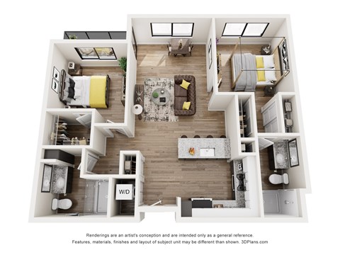 A 3D floor plan of a house with multiple rooms and furniture.
